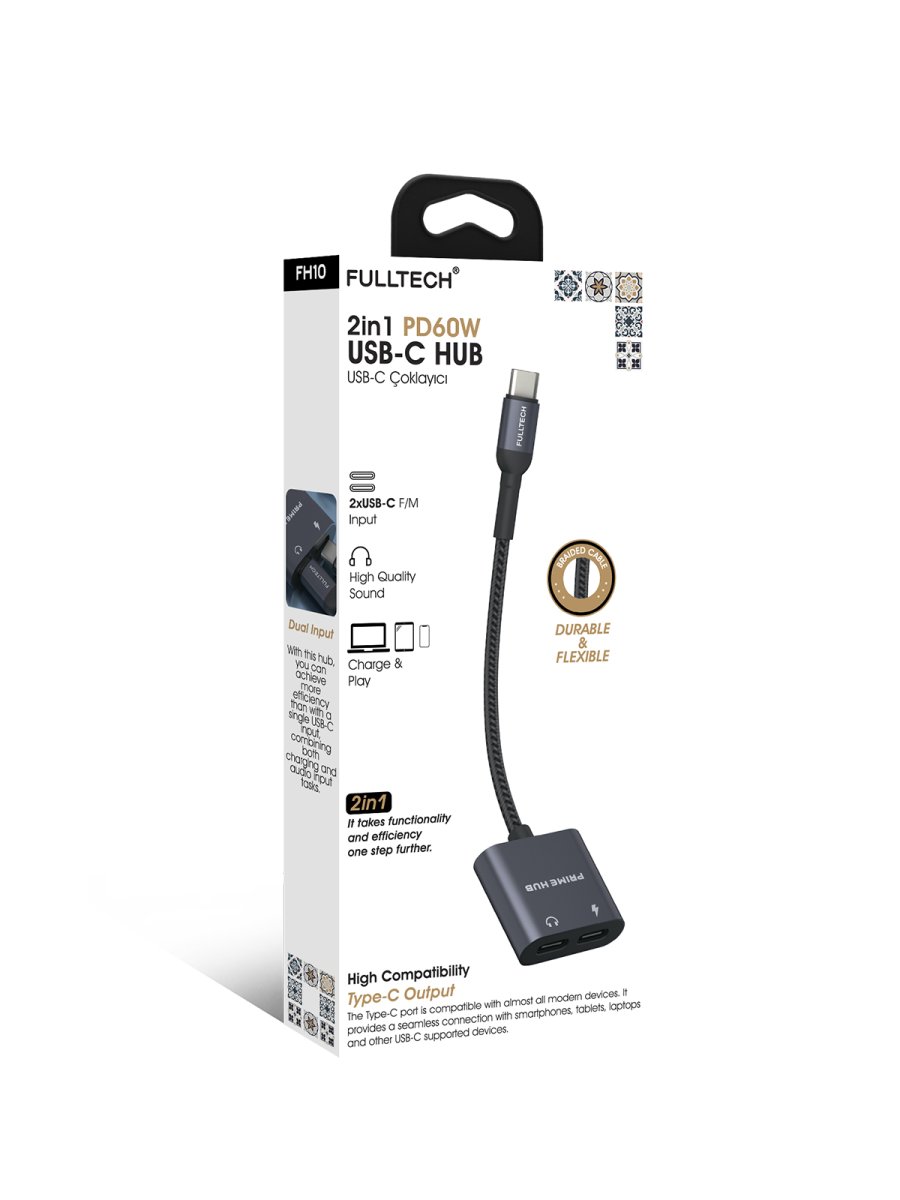 Fulltech FH10 2'si 1 Arada USB-C HUB | PD 60W Hızlı Şarj & Ses Aktarımı | Çift USB-C Girişli | Örgü Kablolu Taşınabilir Çoklayıcı