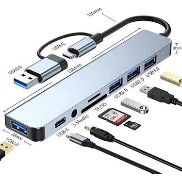 8 In 2 USB Type-C USB 2.0/3.0 Audio 3.5 Tf Sd Çevirici Adaptör Çok Portlu Çoklayıcı USB Hub