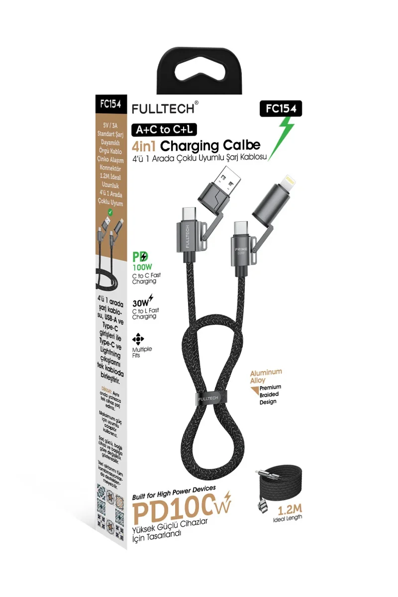 FC154 4’ü 1 Arada Şarj Kablosu PD  100W Type-C & Lightning Hızlı Şarj  Kablo FC154