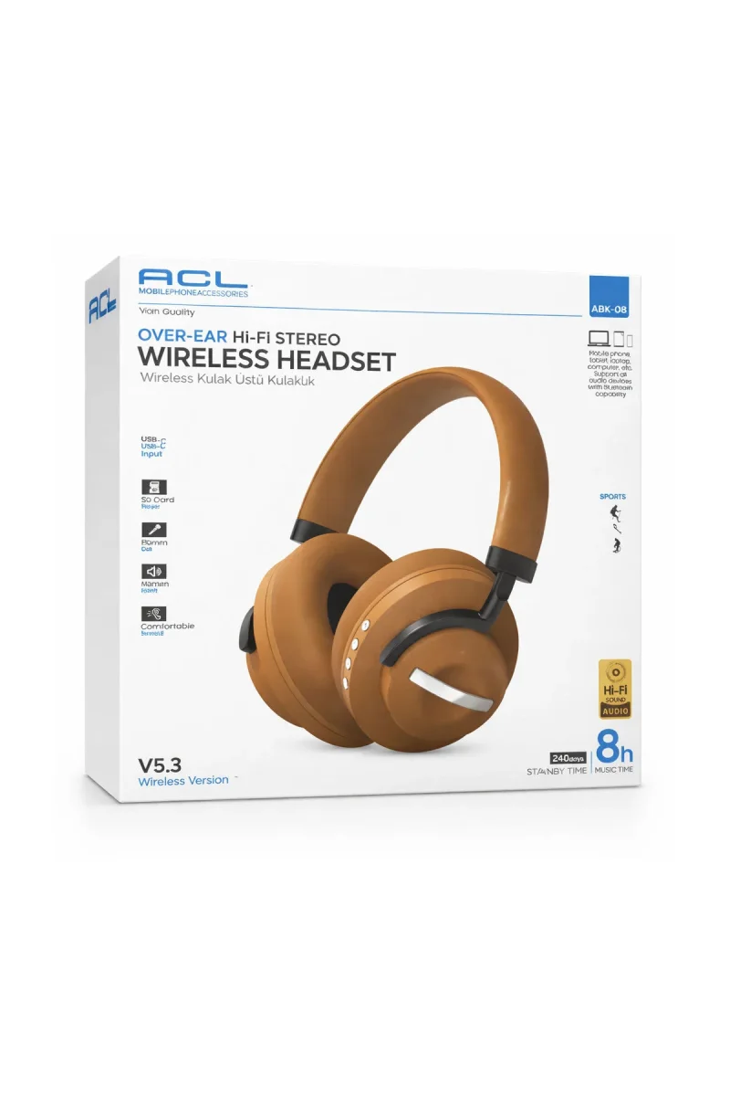 ABK-08 Bluetooth 5.3 Kablosuz Kulak Üstü Kulaklık - Hi-Fi Stereo & SD Kart Destekli