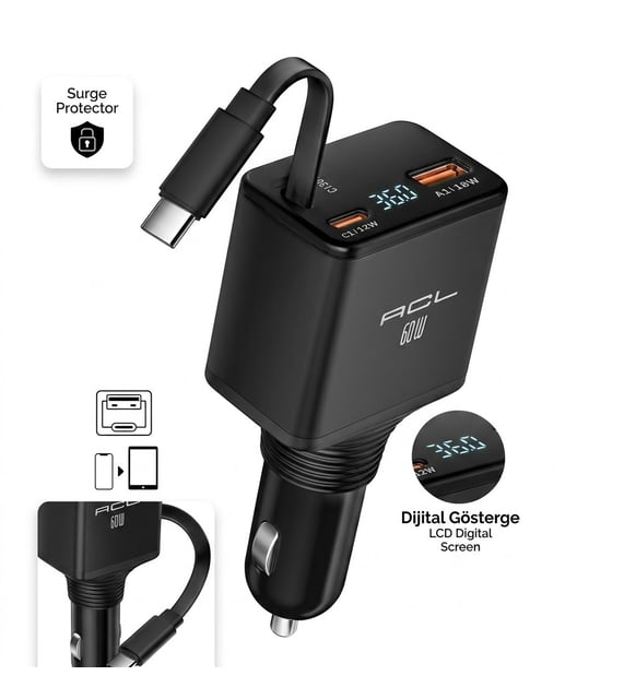 60W Real Fast Geri Çekilebilir USB-C Kablolu Dijital Göstergeli QC 3.0 PD Araç İçi Hızlı Şarj Cihazı